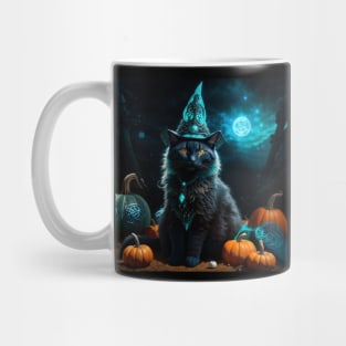 Sorceress black cat on Halloween night Mug